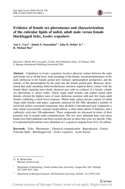 Evidence Of Female Sex Pheromones And Characterization Of The Cuticular