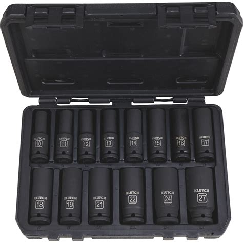 Klutch Chrome Moly 1/2in.-Drive Deep Impact Socket Set, 14-Pc., Metric