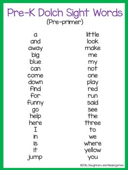 Dolch Sight Word List - Pre-primer by Little Learning Corner | TpT