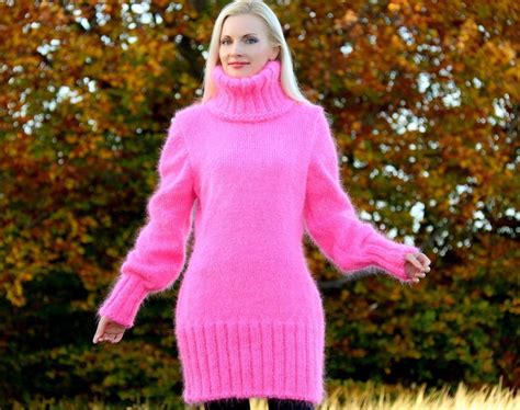 Supertanya Neon Pink Hand Knitted Mohair Sweater Sexy Fuzzy Handmade