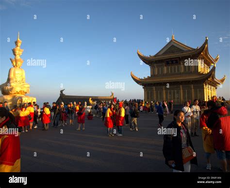 Sunrise dawn temples at the Golden summit of Mount Emei, Emei Shan ...