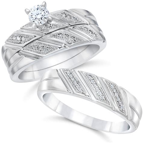 1 3ct His Hers Diamond Trio Engagement Wedding Bridal Ring Set 10K