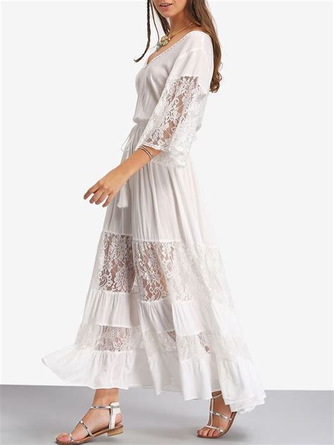 Bell Sleeve Contrast Lace Tie Waist Maxi Dress