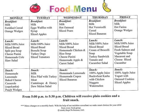 Pin By Ariana Brown On Kids Meals Daycare Menu Daycare Lunch Menu