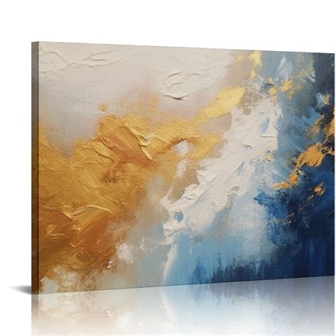 Gosmith Navy Blue And Gold Abstract Canvas Wall Art Blue Gold White Pictures Wall Decor Blue