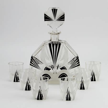 Karl Palda Art Deco Clear And Black Enamel Decanter With Six Shot Glasses