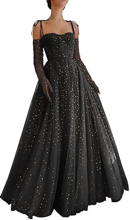 Zepumen Sparkly Starry Tulle Prom Dresses For Women Long Sleeves