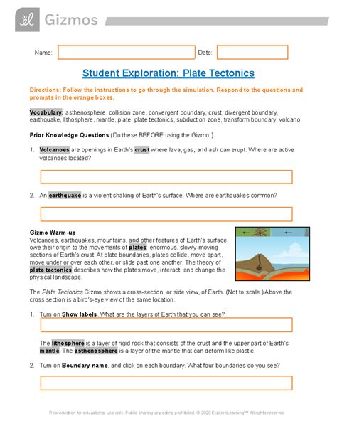 Copy Of Plate Tectonics Se Name Date Student Exploration Plate