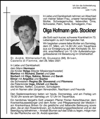 Traueranzeigen Von Olga Hofmann Trauer Bz