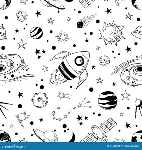 Seamless Doodle Space Pattern. Trendy Kids Cosmos Graphic Elements ...