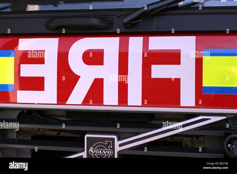 Reversed Fire Sign On A British Fire Engine Stock Photo Alamy