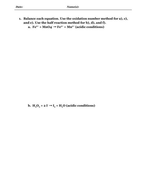 Solved 1 Balance Each Equation Use The Oxidation Number