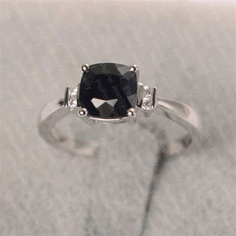 Black spinel ring cushion cut ring sterling silver engagement | Etsy