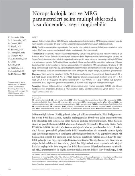 N Ropsikolojik Test Ve Mrg Parametreleri Selim Multipl Sklerozda K Sa