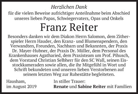 Traueranzeigen Von Franz Reiter Trauer Merkur De