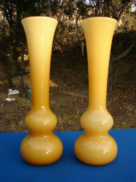 Vtg Mid Century Empoli Italy Mustard Yellow White Cased Glass Vases Pair Midcenturymodern