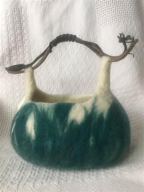 Wet Felted Vessel Wide Bottom Wool Basket Seaweed Handle Etsy UK