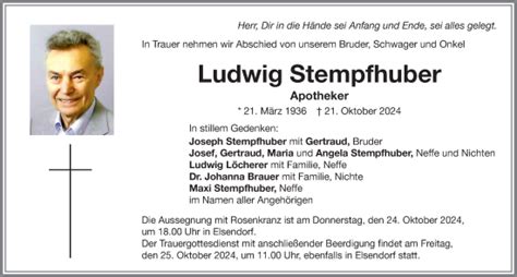 Traueranzeigen Von Ludwig Stempfhuber Allg Uer Zeitung