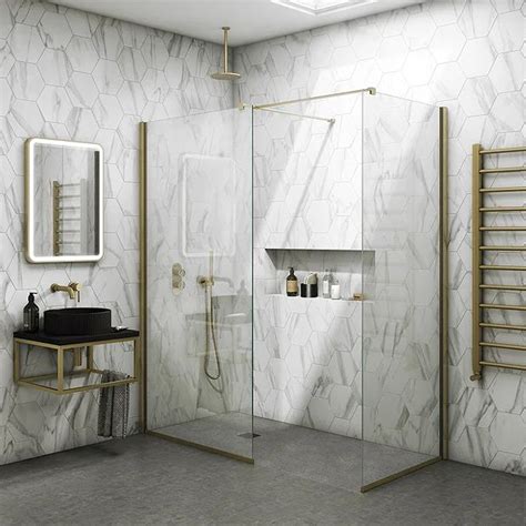 Arezzo Square Brushed Brass Frameless 10mm Wetroom Screen With Wall Arm