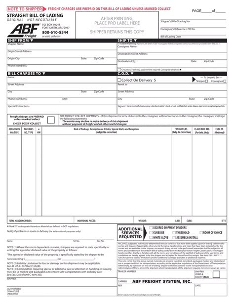 Abf Freight Bill Of Lading Fill Out Printable Pdf Forms Online