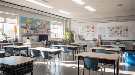 Premium Ai Image Tables And Chairs Neatly Arranged In An Empty Classroom