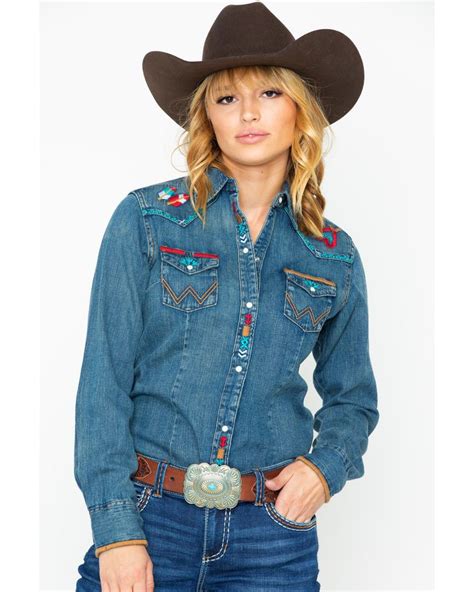 Wrangler Womens Denim Embroidered Long Sleeve Western Shirt In 2020