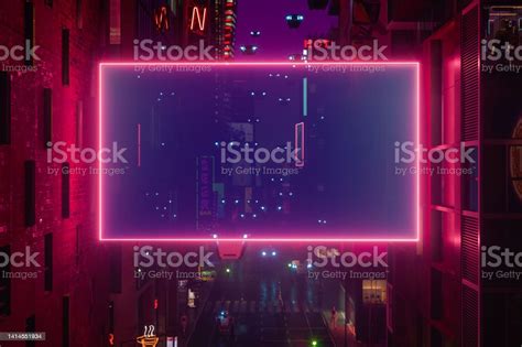 Kota Gaya Cyberpunk Metaverse Dengan Billboard Kosong Robot Berjalan Di