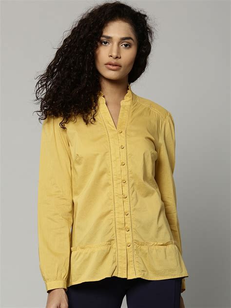 Buy Marks And Spencer Women Mustard Yellow Solid Shirt Style Top Tops