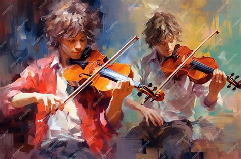 Premium AI Image | A painting of two men playing violin and the word violin.