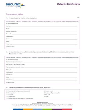 Fillable Online T L Chargez Ici Le Formulaire De Plainte Securex Fax