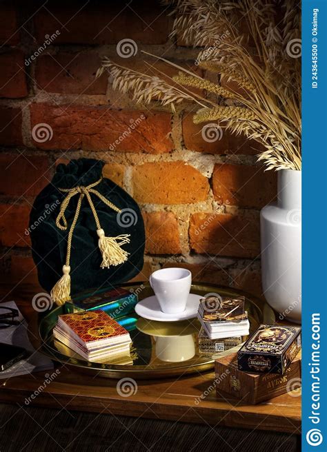 Blurred Predictions Background Tarot Cards Layout On Witch Table Stock