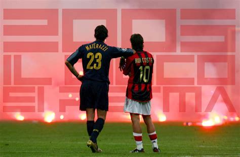 Inter Milan’s Materazzi and Rui Costa of AC Milan wait on the pitch ...