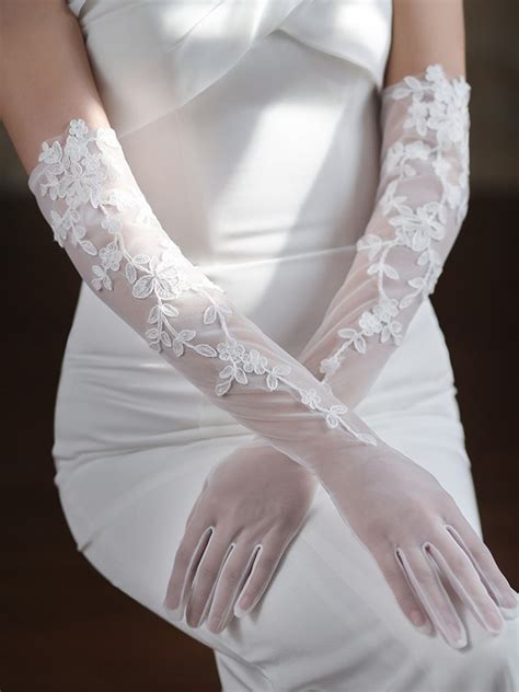 Stunning Tulle With Lace Opera Length Wedding Gloves At Hebeos