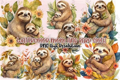 Watercolor Mom And Baby Sloth Clipart Graphic By Big Daddy Creative