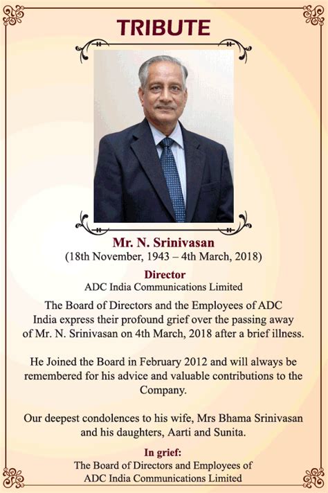 N Srinivasan Obituary Ad Advert Gallery