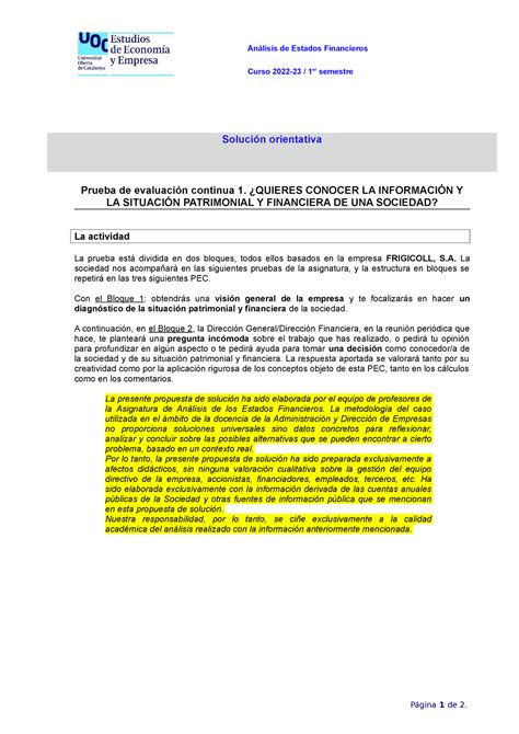 AEF PEC1 2223 1 solución Análisis de Estados Financieros Curso 2022