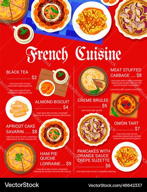 French Cuisine Menu France Dishes List Royalty Free Vector