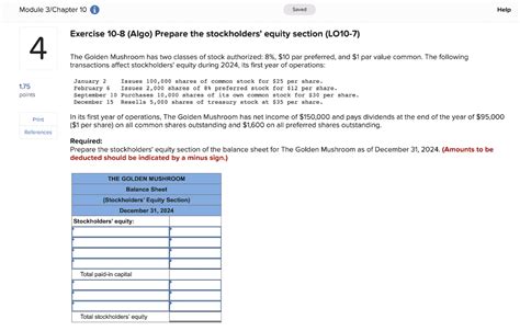 Solved Exercise 10 8 Algo Prepare The Stockholders Equity Chegg