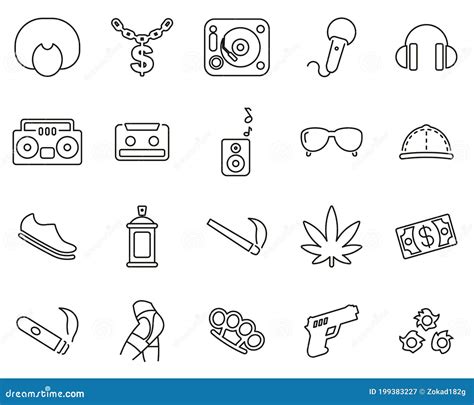 Hip Hop Culture & Fashion Icons Black & White Thin Line Set Big Stock Vector - Illustration of ...