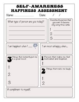 Self Awareness Happiness Assessment Personal Growth Worksheet Tpt