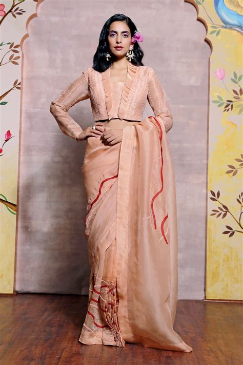 Buy Peach Organza Embroidery Resham Work Pleated Saree With Blouse For