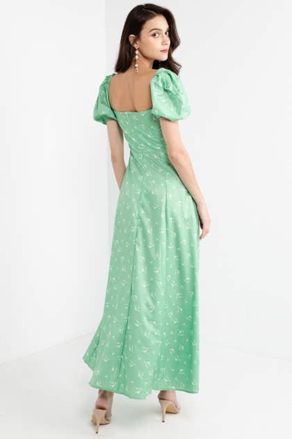 Teresa Puff Sleeves Floral Maxi Dress Green