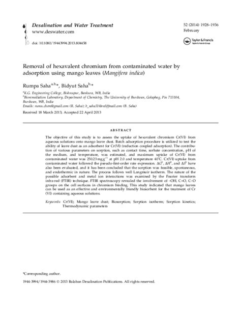 Pdf Removal Of Hexavalent Chromium From Contaminated Water By