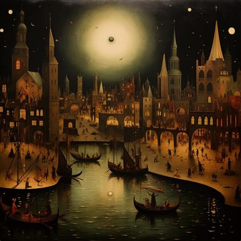 Premium AI Image | a painting of boats and buildings with a moon in the background.