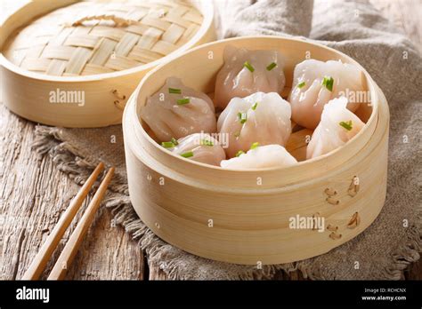 Steamed Shrimp Dumplings Dim Sum Close Up On The Table Horizontal