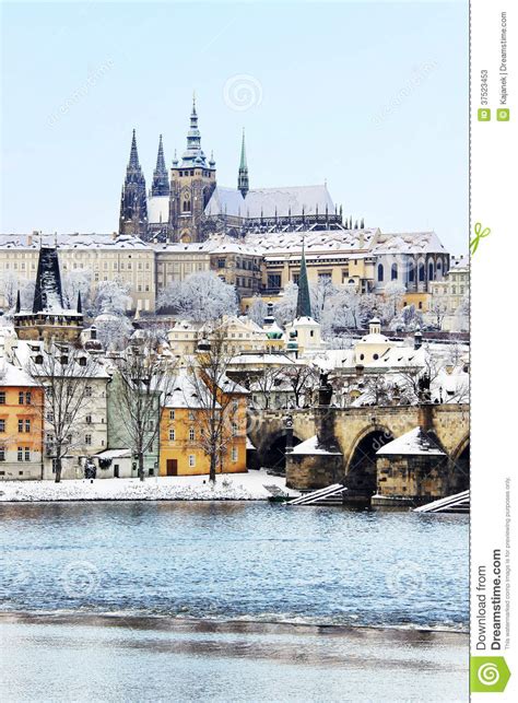 Snowy Prague Gothic Castle with Charles Bridge Stock Image - Image of ...