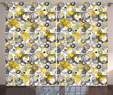 Grey And Yellow Curtains 2 Panels Set Hand Drawn Sketchy Geometrical