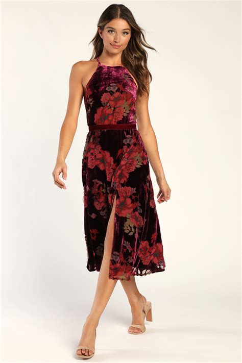 Burnout Floral Velvet Dress Burgundy Midi Dress Velvet Dress Lulus