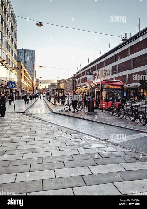 Stockholm Sweden Bicycle Lane Bus And Tram Stop In Front Of The