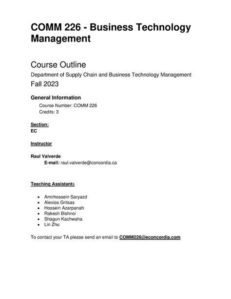 Comm 226 Fall 2023 Outline Comm 226 Business Technology Management